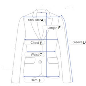 May include: Diagram showing measurements for a blazer. The measurements are labeled: Shoulder A, Chest B, Waist C, Sleeve D, Length E, and Hem F.