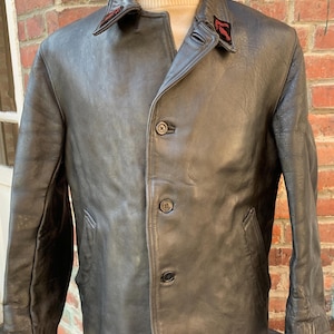 French 50s Firefighter Pompier Leather Jacket Barn Stormer Worker Pea Coat Jacket Made in France Actual Size Measured M/L  Good Condition !