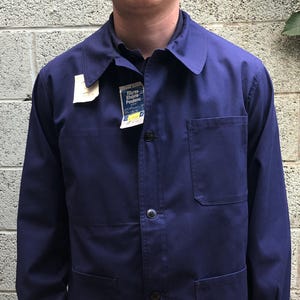 Abrigo de trabajo francés de stock muerto de los años 70, ropa de trabajo vintage, fabricado en Francia, talla EE. UU. 45 M/L -46Fr ¡Perfecto estado! ¡NUESTRO! Color índigo oscuro