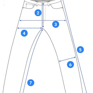May include: A black and white line drawing of a pair of jeans featuring eight blue circular markers with numbers one through eight, indicating various measurement points including the waist, rise, hips, thigh, outseam, knee, inseam, and leg opening.