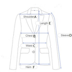 May include: Diagram showing measurements for a blazer, including shoulder, chest, waist, sleeve, length, and hem.