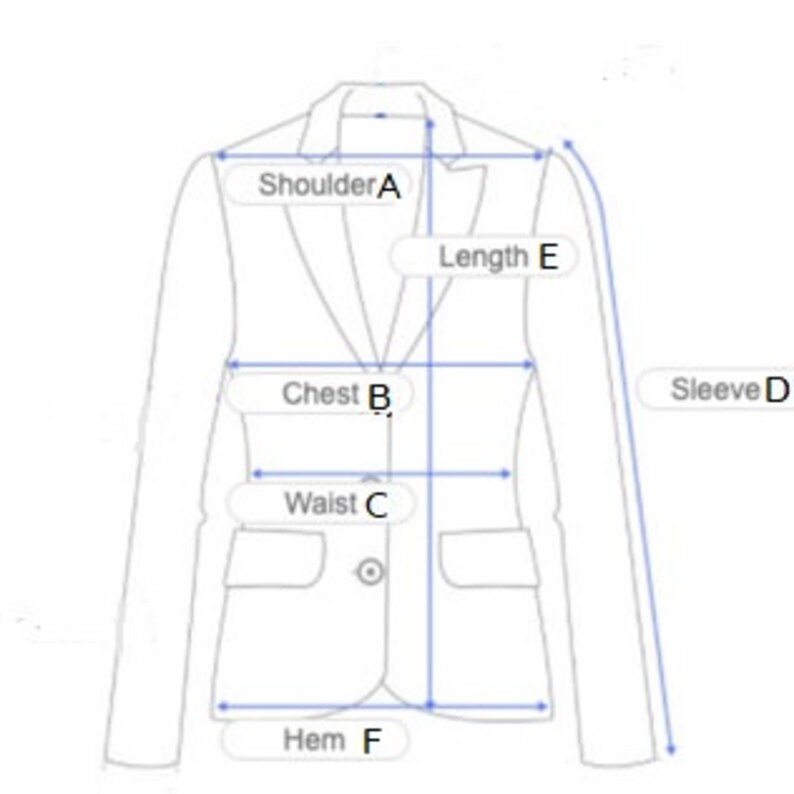 May include: Diagram showing measurements for a blazer, including shoulder, chest, waist, sleeve, length, and hem.