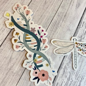 May include: Two floral stickers, one with a DNA strand design and the other with a dragonfly. The DNA strand sticker features a piano keyboard design and is surrounded by pink, yellow, and green flowers. The dragonfly sticker is white with black veins and is surrounded by pink and white flowers.