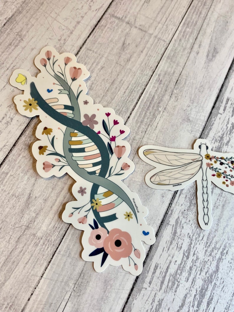 May include: Two floral stickers, one with a DNA strand design and the other with a dragonfly. The DNA strand sticker features a piano keyboard design and is surrounded by pink, yellow, and green flowers. The dragonfly sticker is white with black veins and is surrounded by pink and white flowers.