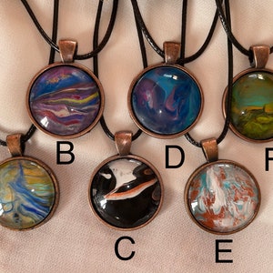 Handmade acrylic paint pour art necklaces/pendants round cabachon. Mystic circle collection, one of a kind