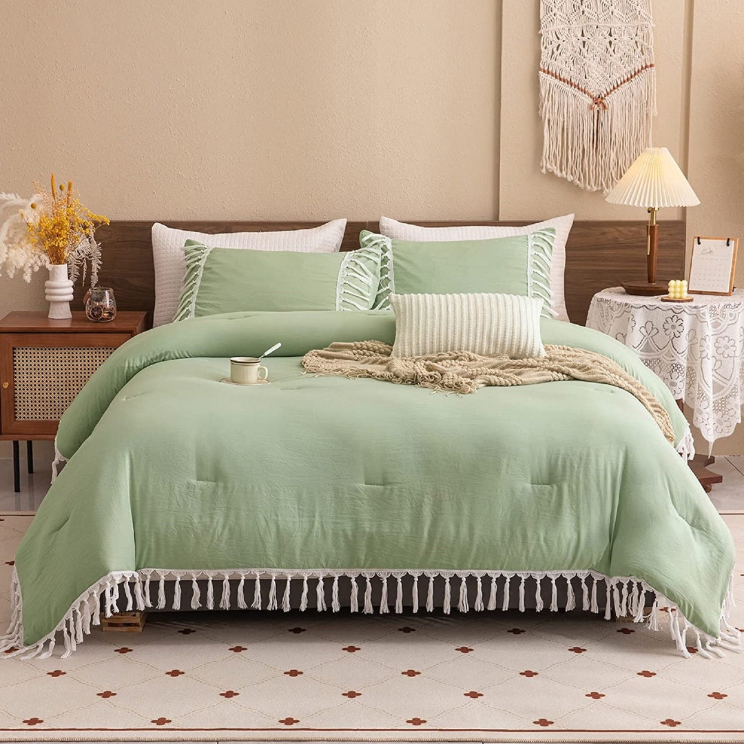 Sage Green Comforter Set Queen Size Boho Bedding Set Dark Sage Etsy