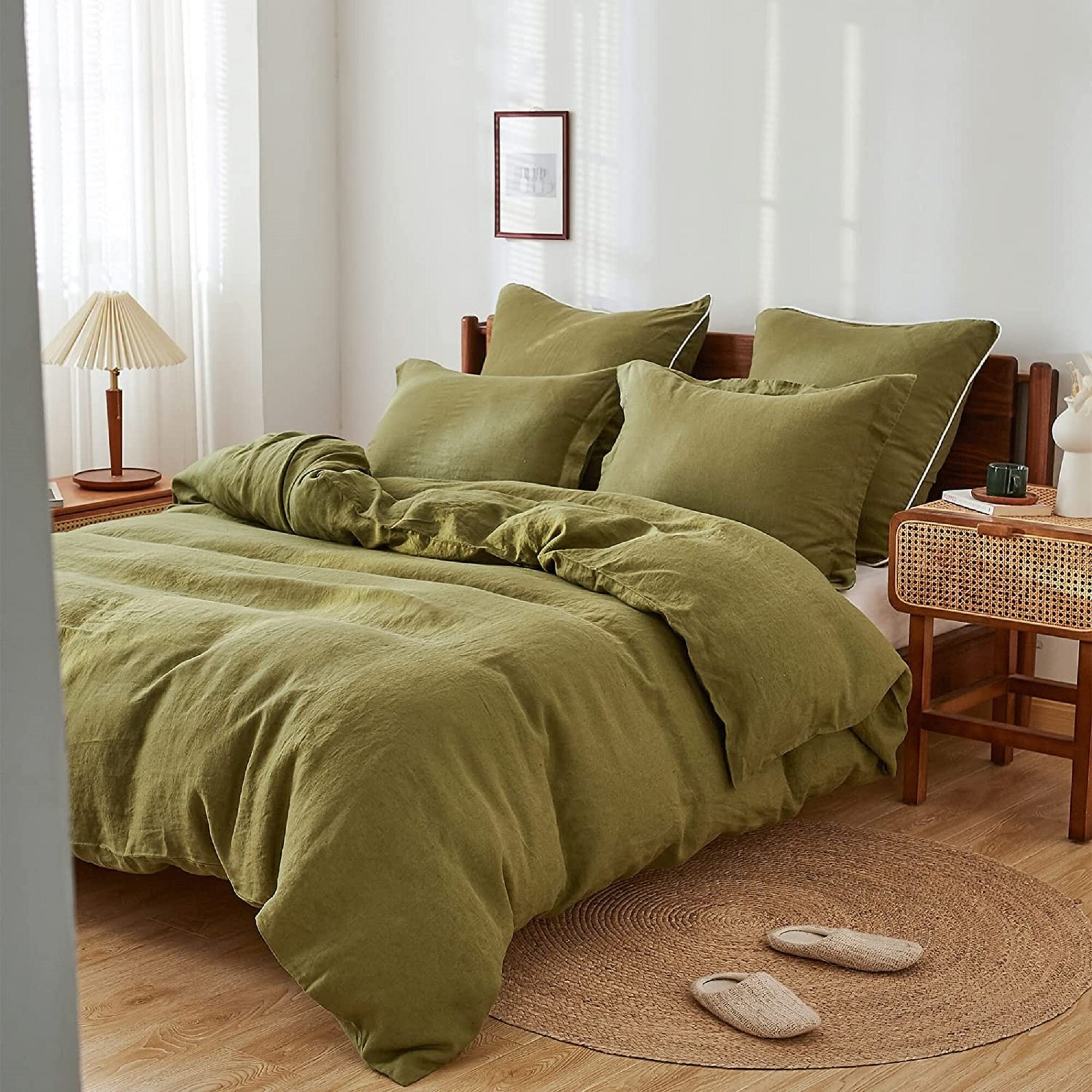 Olive Green Linen Duvet Cover Softened Linen Bedding Set Moss Etsy