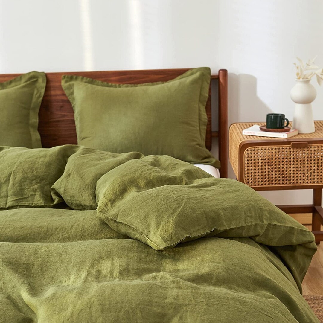 Olive Green Linen Duvet Cover Softened Linen Bedding Set Moss Etsy