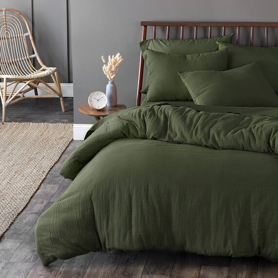 Olive Green/rust Cotton Duvet Cover Set Solid Bedding Etsy