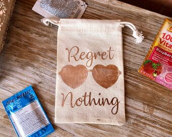 4&quot; by 6&quot; Regret Nothing Drawstring Bags, Survival Kit Bags, Hangover Kit Favor Bags, Wedding Favor Drawstring Bags,