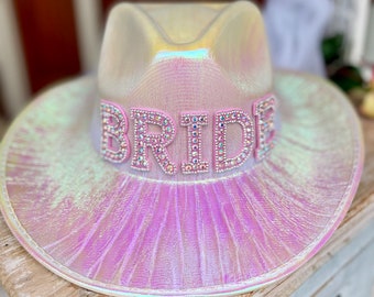 Bride Cowboy Hat with Veil, Bling Cowboy Hat, Nashville Bachelorette Party, Rhinestone Cowboy Hat, Bride Hat, Iridescent Cowboy Hat