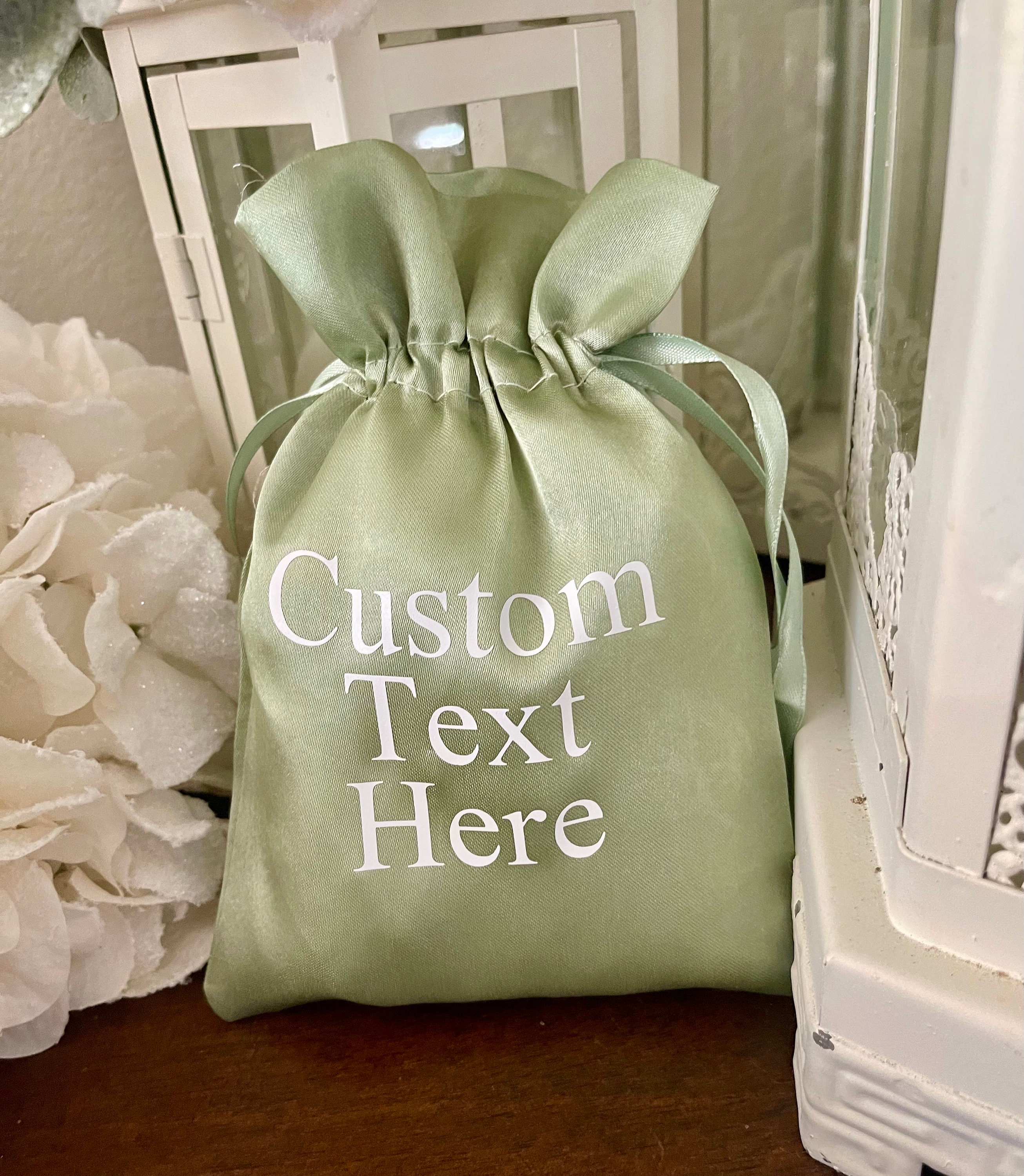 Sage Green Personalized Wedding Favor Bags, Satin Wedding Favor Bags, Custom Sage Green Wedding Favors