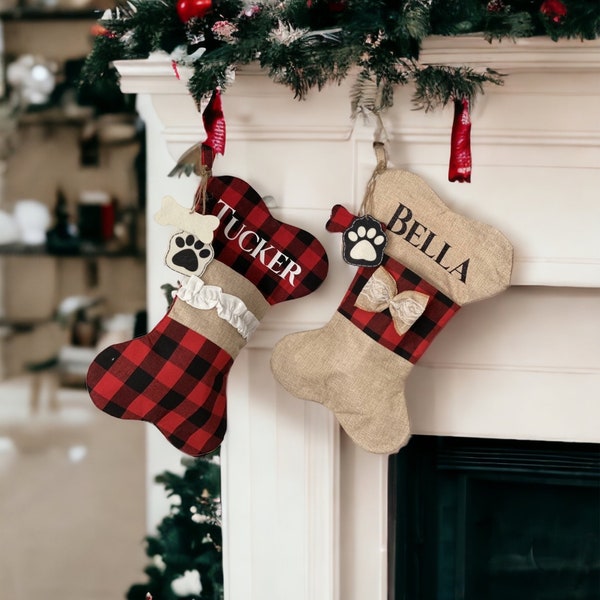 Buffalo Plaid Dog Bone Stockings, personalized Burlap Dog Stockings, Dog Bone Stockings, Rustic Christmas Decor, Pet Christmas stockings