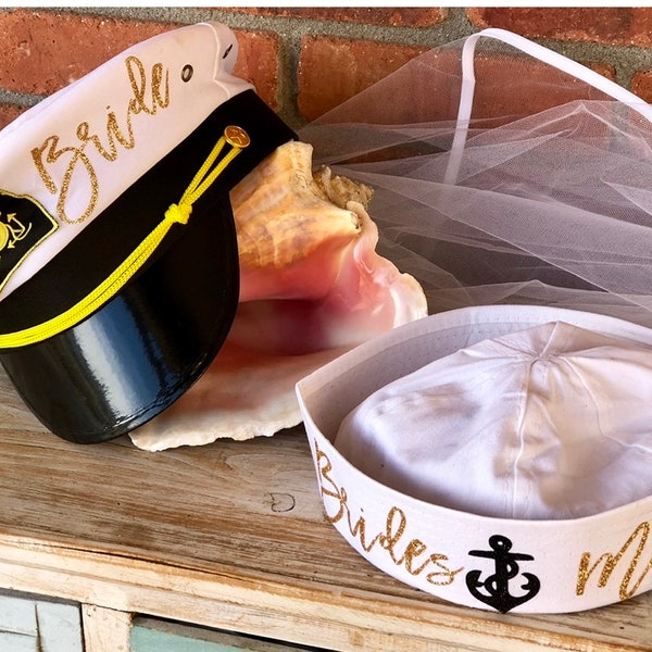 Bride Captain’s Hat, Bridal Party Sailors Hats, Nautical Bachelorette, Bachelorette Cruise; Sailors Hats, Captain’s Hat with Veil