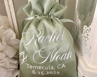 Sage Green Personalized Wedding Favor Bags, Satin Wedding Favor Bags, Custom Sage Green Wedding Favors