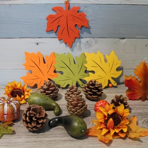 Herbst Deko Kit DIY, 21 teilig, Kürbisse, Zapfen, Blüten, Herbst Kerze Ahornblatt, 4 Filzhänger Blatt, zum Dekorieren und Gestalten