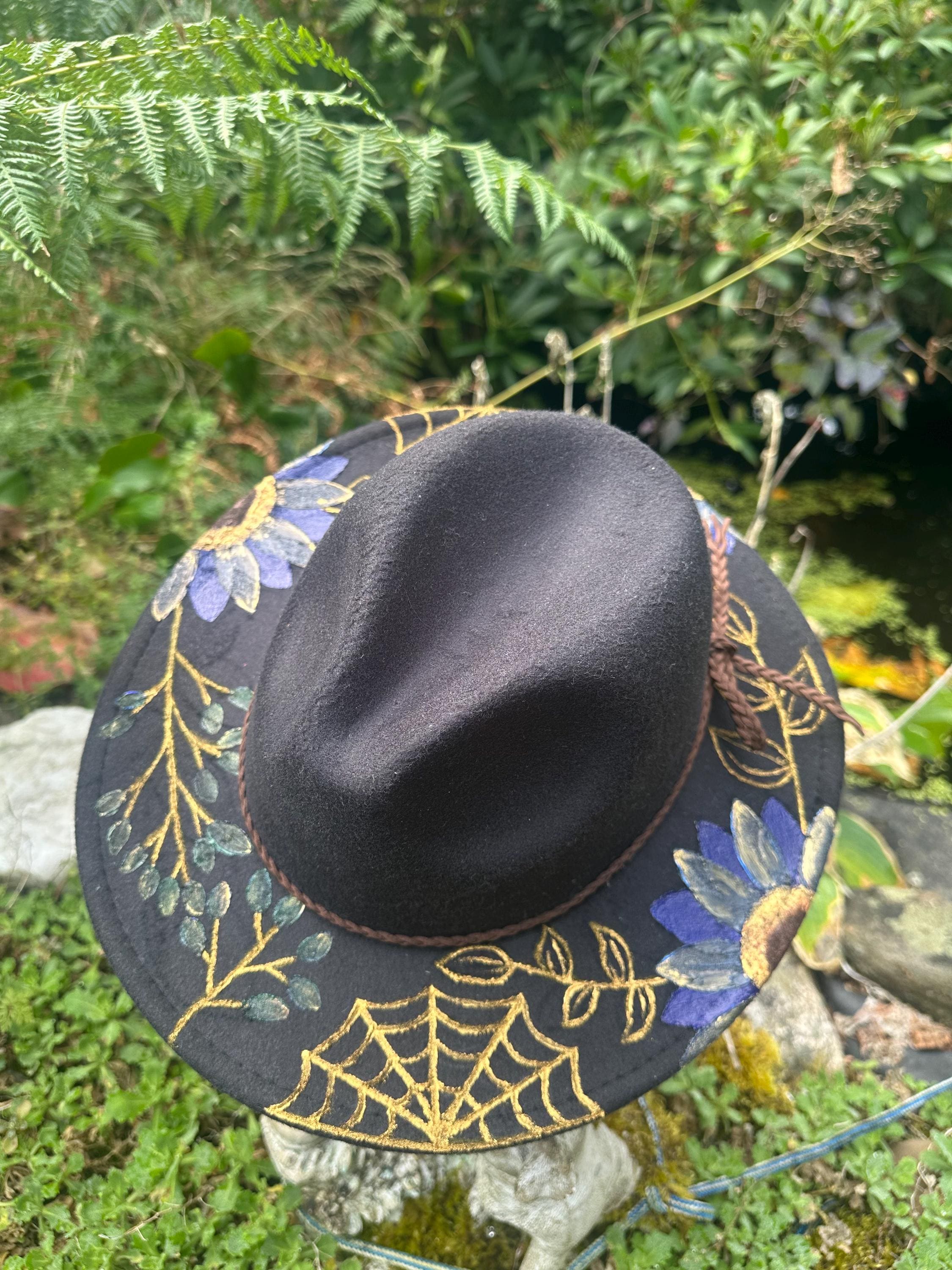 Hand-painted Wide Brim Fedora Hat, Floral Western Hat - Etsy display picture 2