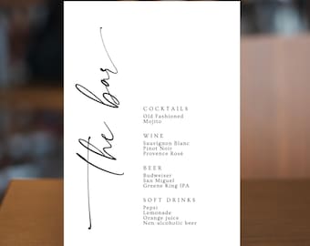 Printed Drinks Menu | Bar Menu | Signature Drinks Sign | The Bar Sign | Minimalist Drinks Sign | Wedding Bar | 300gsm Card | Size A6 A5 A4