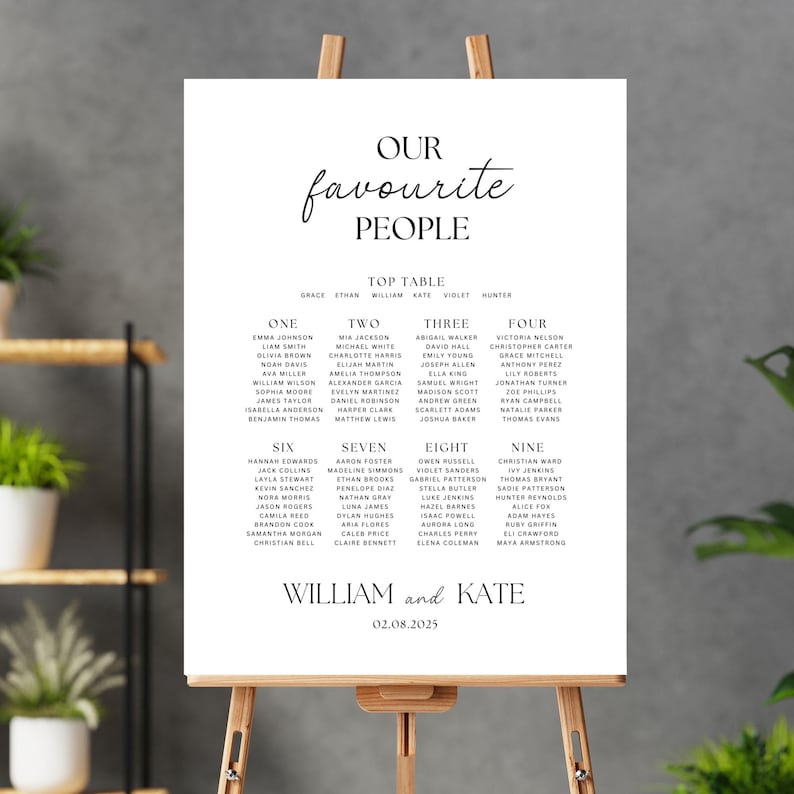 May include: A white wedding seating chart on an easel, featuring the words "Our Favourite People" in elegant script. The chart lists names under table numbers, with the names "William and Kate" and the date 02.08.2025 at the bottom.
