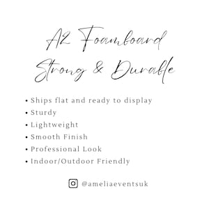 May include: White A2 foamboard with the text "A2 Foamboard Strong & Durable". The foamboard is described as sturdy, lightweight, and having a smooth finish. It is suitable for indoor and outdoor use.