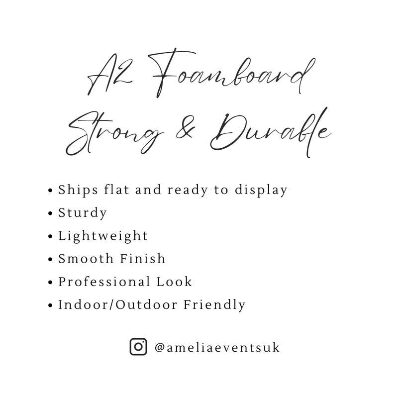 May include: White A2 foamboard with the text "A2 Foamboard Strong & Durable". The foamboard is described as sturdy, lightweight, and having a smooth finish. It is suitable for indoor and outdoor use.