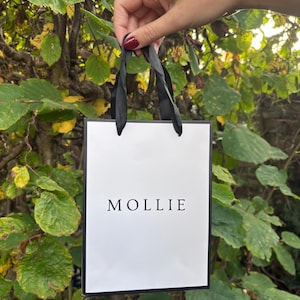 May include: A small white gift bag with the name "MOLLIE" printed in black. The bag has black trim and black ribbon handles. The bag is held up against a backdrop of green and yellow leaves.