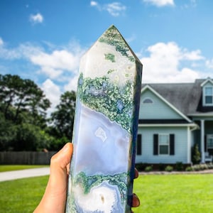 Huge Moss Agate Crystal Tower | Natural Large Moss Agate Crystal Point  Quartz Crystal Obelisk Healing Decoration