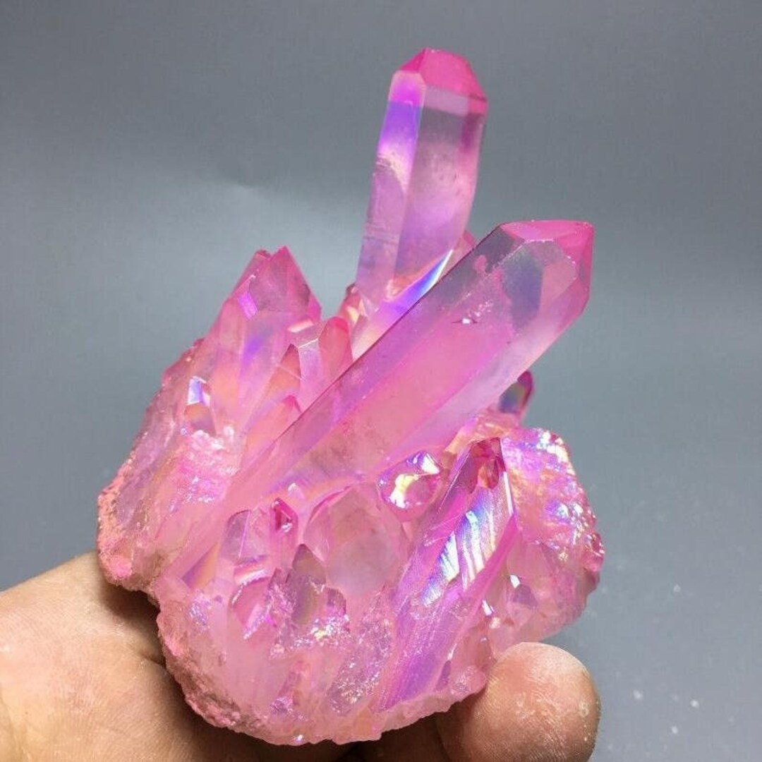 Pink Aura Quartz Crystal Cluster Aura Titanium Crystal Etsy