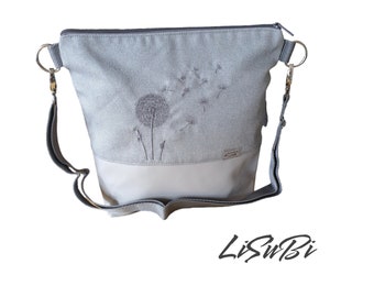 Umhängetasche Handtasche Pusteblume Crossover bestickt HANDMADE Damen Kunstleder Stoff Blume Tasche Grau