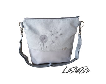 Umhängetasche Handtasche Pusteblume Crossover bestickt HANDMADE Damen Kunstleder Stoff Blume Tasche Grau