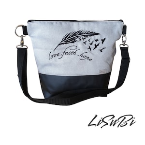 Umhängetasche Handtasche Love Faiht Hope bestickt HANDMADE Damen Kunstleder Stoff Blume Tasche Grau Schwarz