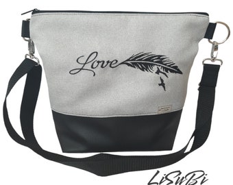 Umhängetasche Handtasche Love Feder Crossover bestickt HANDMADE Damen Kunstleder Stoff Tasche Grau Schwarz