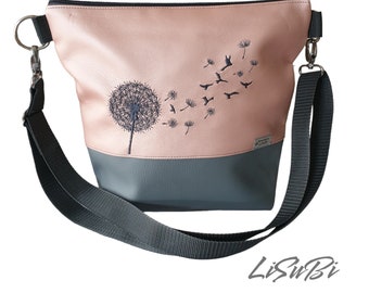 Umhängetasche Handtasche Pusteblume bestickt HANDMADE Damen Kunstleder Blume Tasche Rose Grau