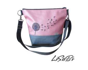 Umhängetasche Handtasche Pusteblume bestickt HANDMADE Damen Kunstleder Blume Tasche Rose Grau