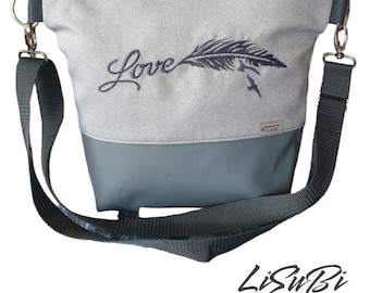 Umhängetasche Handtasche Love Feder Crossover bestickt HANDMADE Damen Kunstleder Stoff Blume Tasche Grau