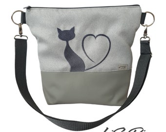 Umhängetasche Handtasche Katze Crossover bestickt HANDMADE Damen Kunstleder Stoff Tiermotiv Tasche Grau