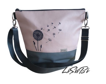 Umhängetasche Handtasche Pusteblume bestickt HANDMADE Damen Kunstleder Blume Tasche Rose Grau