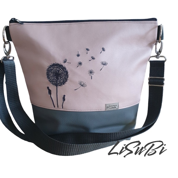 Umhängetasche Handtasche Pusteblume bestickt HANDMADE Damen Kunstleder Blume Tasche Rose Grau