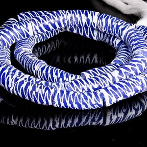 Recycled Glass Beads from Ghana, blue with white pattern - M00335