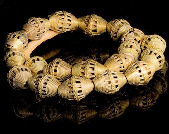 African Brass Bi-cone Lost Wax Beads With Roped Cage Design from Ghana M00325