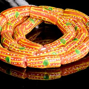 Recycled Glass Beads from Ghana - orange with yellow, green and white pattern - M00364X