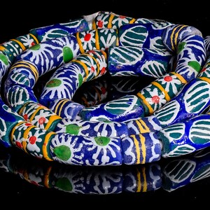 Recycled Glass Beads from Ghana - blue with multicolor pattern - M00357