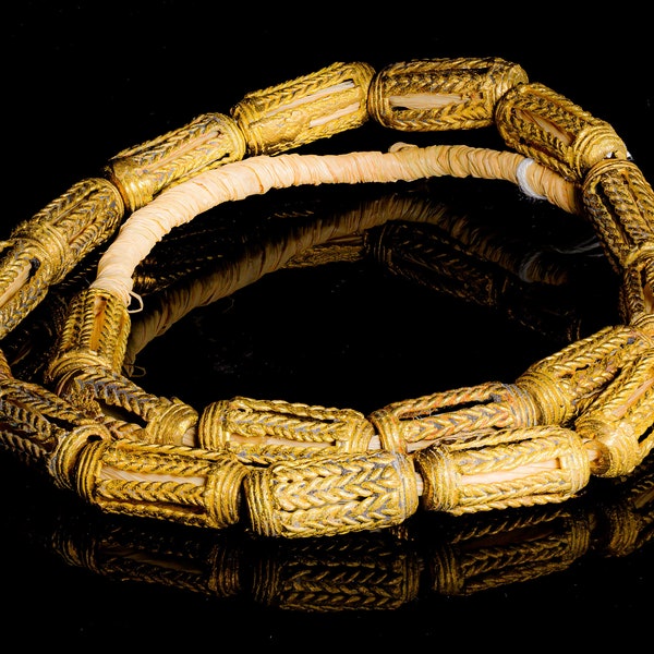 African Brass Filigree Cylindrical Braided Lost Wax  Beads from Ghana M00332