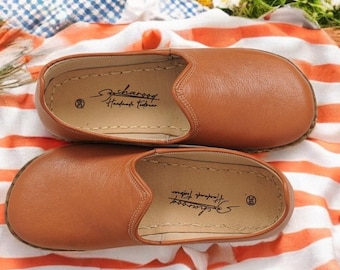 Caramel Brown Leather Yemeni Loafers: Wide Toe Box Barefoot Shoes