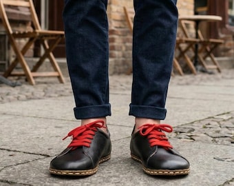 Men's Natural Leather Casual Wide Toe Box Black Flat Shoes, Lace Up Barefoot Style Loafer