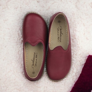 Women&#39;s Wide Toe Box Comfy Shoes, Claret Red Genuine Leather, 100% Handcrafted, Toe Freedom Barefoot House Shoes, Stylish Gift For Women