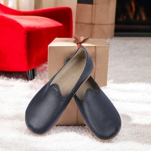 Vegan Women&#39;s Wide Toe Box Flat Comfort Shoes, Authentic House Shoes, Black Faux Leather, Eco-Friendly Flat Loafers Anatolian Slip-Ons Gift