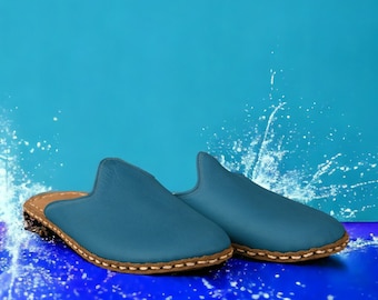 Men's Genuine Leather  Wide Toe Box Blue Color Flat Slippers, Barefoot House Slippers, Comfortable Wide House Shoes. Unique Gift for Men