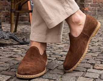 Zapatos de cuero nobuk marrón para hombre, mocasines de cuero con caída cero.