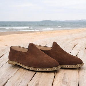Heritage, Genuine Nubuck Brown Leather Shoes, 100% Handcrafted Flat Slip-Ons, Authentic Comfort Loafer.  Leather Shoes Gift for Men, Women